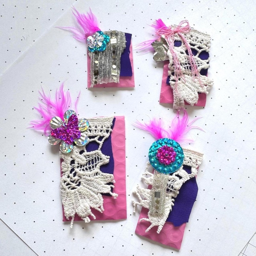 Handmade y2k fairycore scrappy tags set of 4 hot pink feathers, sequin, lace